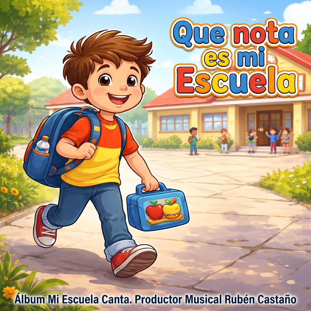Portada del tema Que nota es mi Escuela, álbum Mi Escuela Canta, con un niño frente a la escuela y texto del productor musical Rubén Castaño