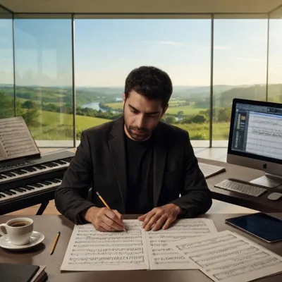 Compositor escribiendo partituras en un estudio con vistas panorámicas, preparando material para orquestación